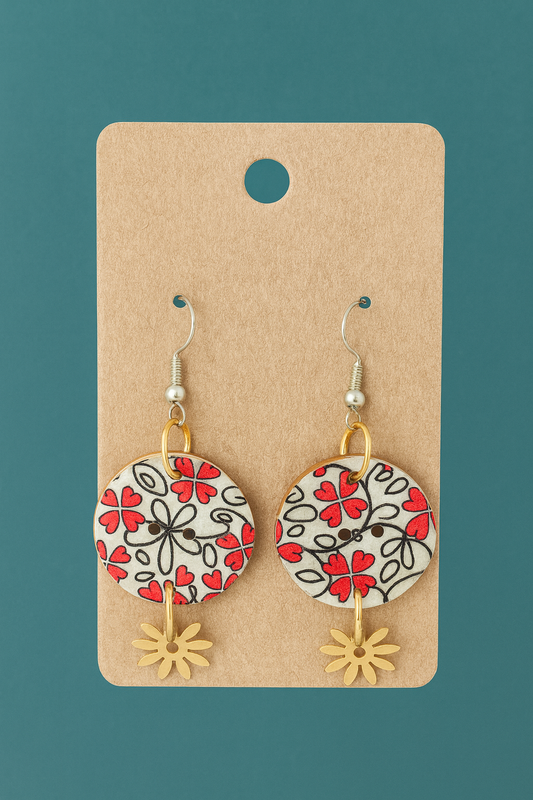 Handcrafted Red Floral Button Earrings with Golden dangle