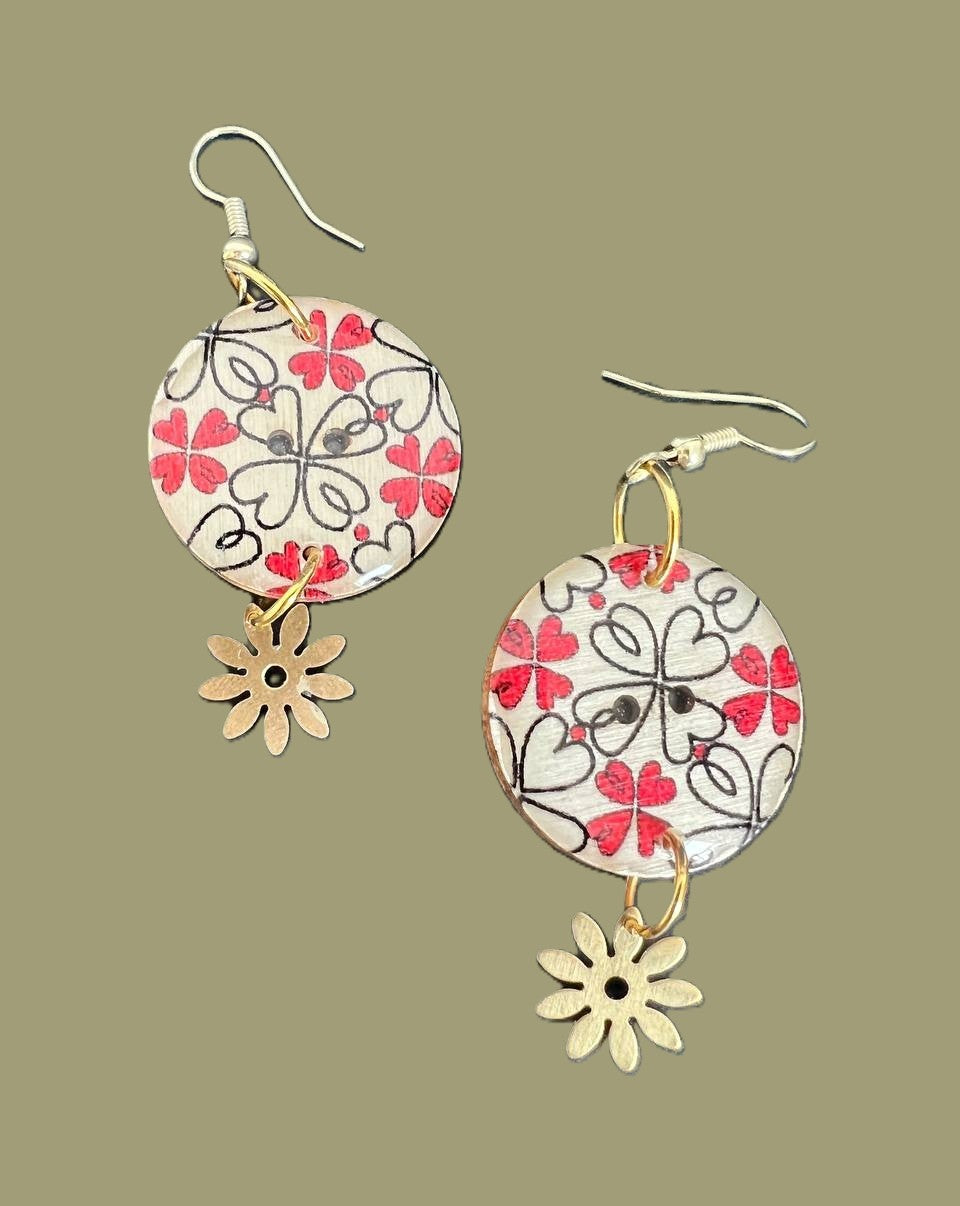 Handcrafted Red Floral Button Earrings with Golden dangle