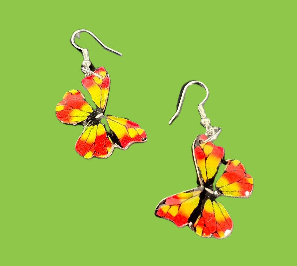 Handcrafted Orange & Yellow Butterfly Earrings, Silver