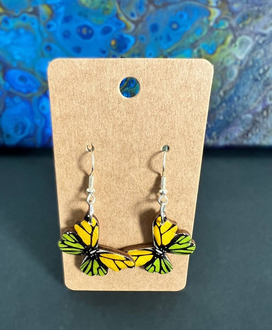 Handcrafted Green & Yellow Butterfly Earrings, Silver