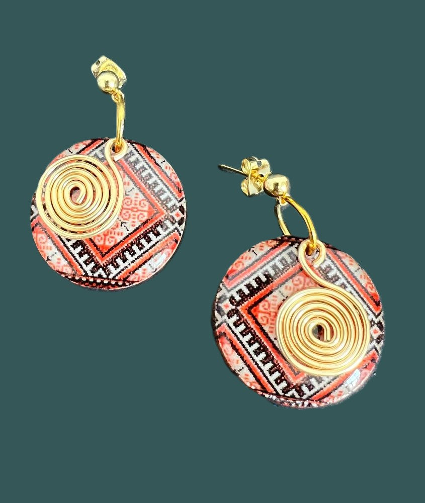 Handcrafted Tribal Pattern Button Earrings with Golden Spiral dangle