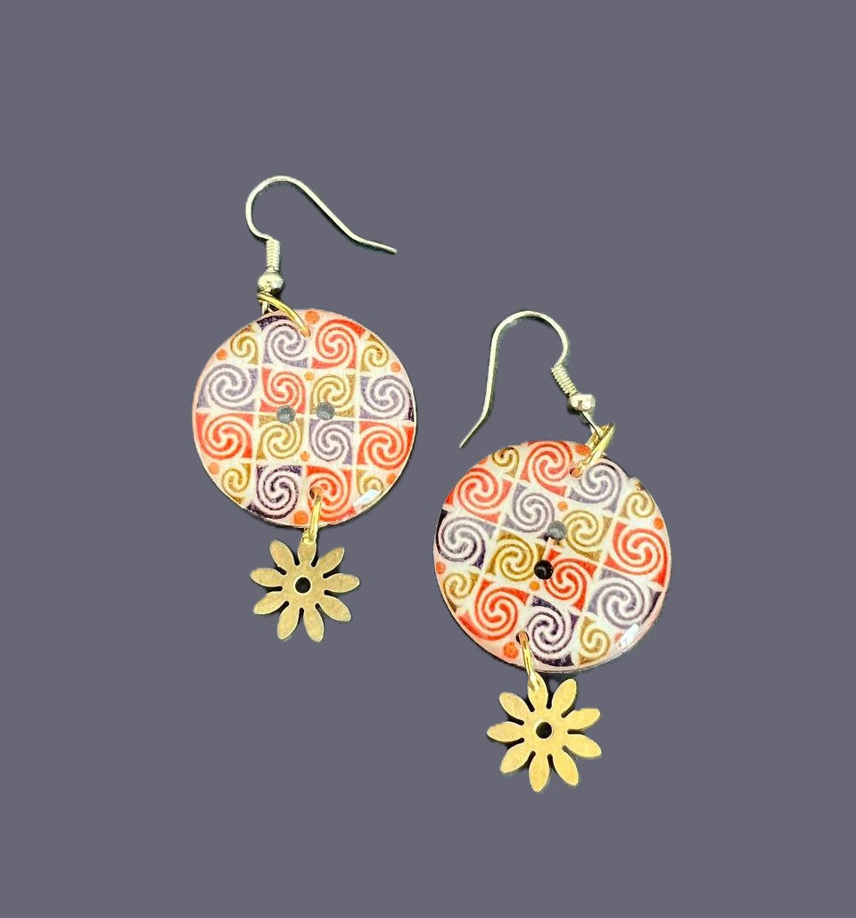 Handcrafted Swirl Button Earrings  with Golden dangle