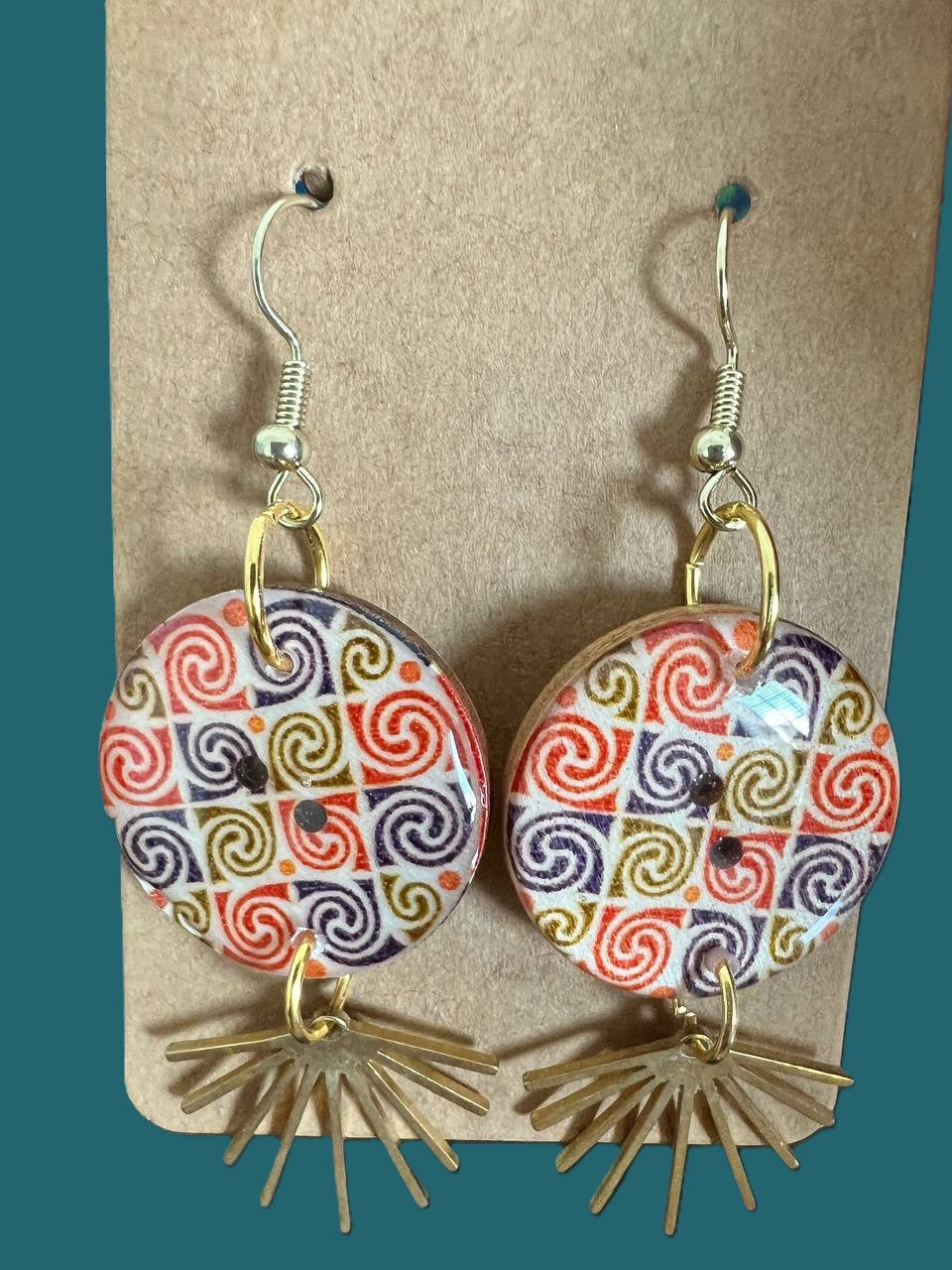 Handcrafted Geometric Swirl Button Earrings with Golden dangle