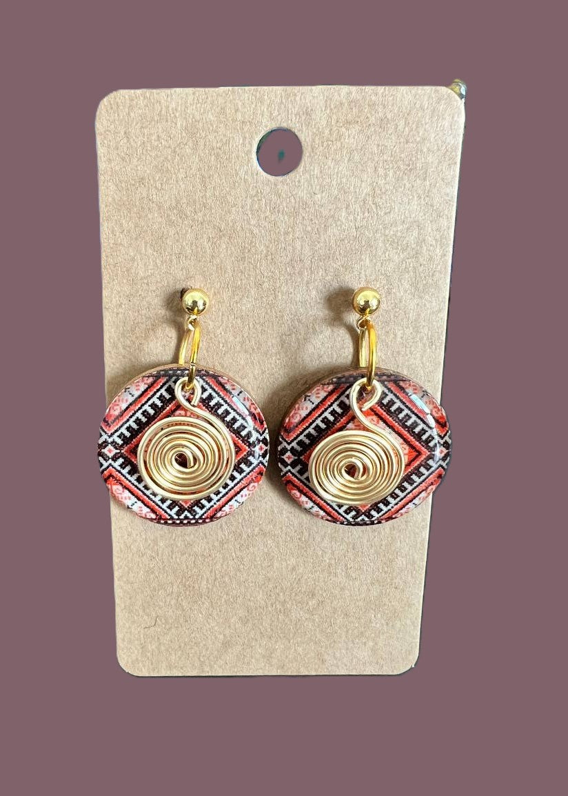Handcrafted Tribal Pattern Button Earrings with Golden Spiral dangle