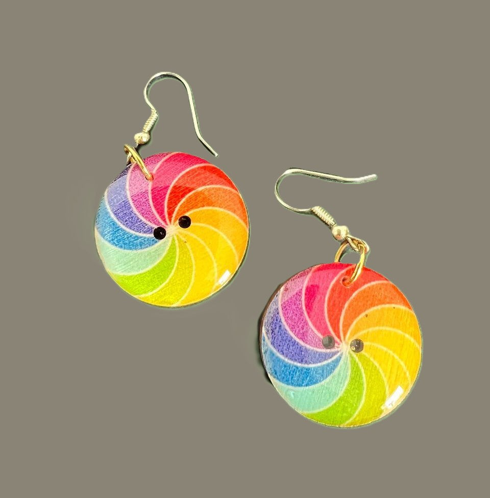 Handcrafted Rainbow Button Earrings, silver