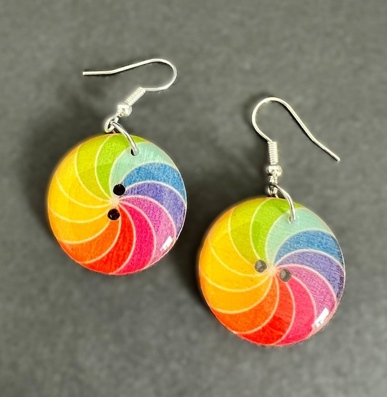 Handcrafted Rainbow Button Earrings, silver