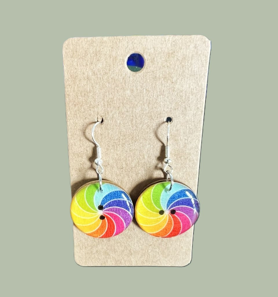 Handcrafted Rainbow Button Earrings, silver