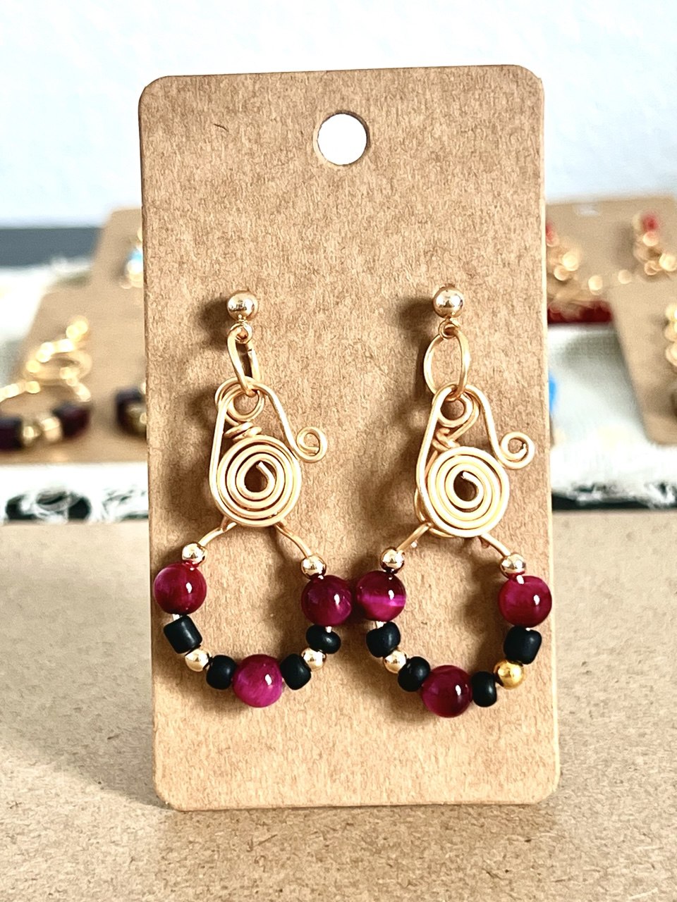 Golden Spiral Red Tiger Eye Hoop Earrings, Natural stones, One of a kind