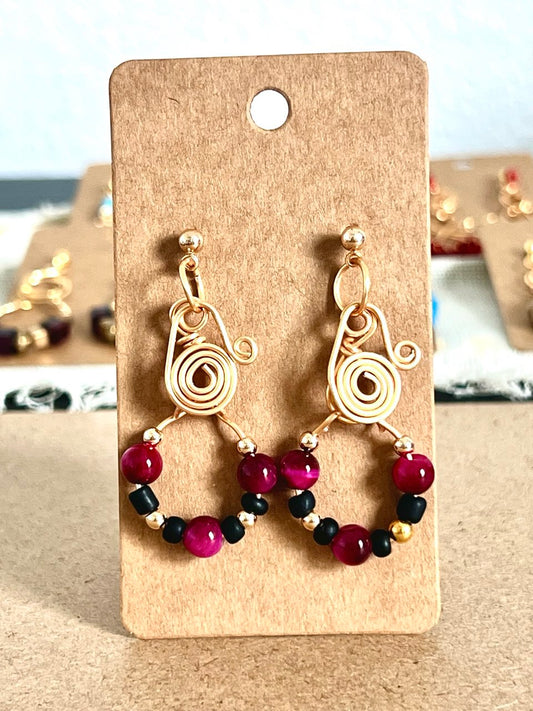 Golden Spiral Red Tiger Eye Hoop Earrings, Natural stones, One of a kind