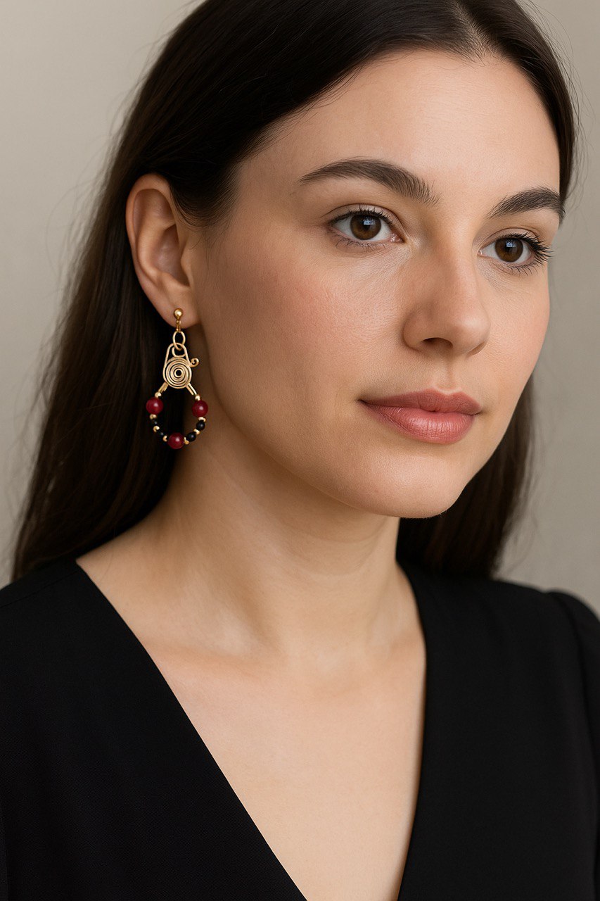 Golden Spiral Red Tiger Eye Hoop Earrings, Natural stones, One of a kind