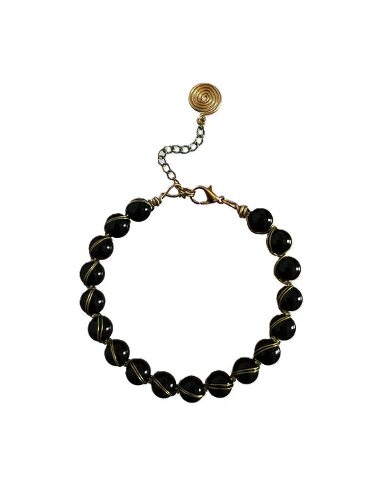"Noir Spiral", Black Onyx & Gold Wire-Wrapped Bracelet
