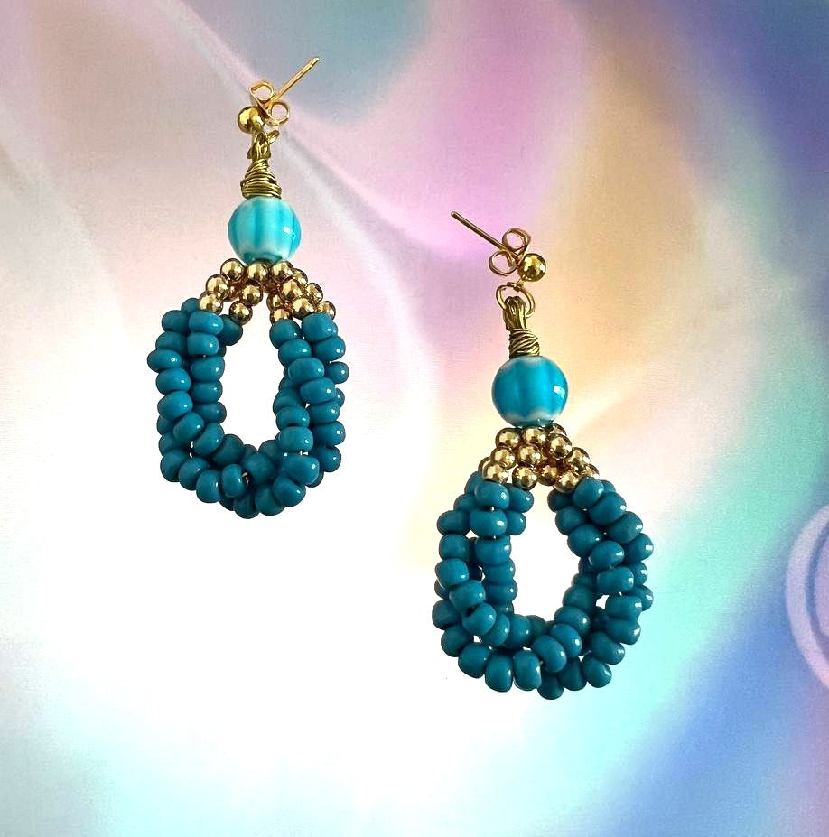 "Azure Oasis" – Blue Beaded Bracelet & Earring Set with Gold Accents, One of a Kind