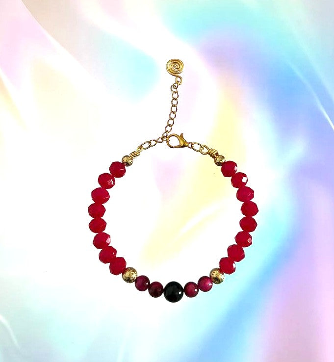 "Crimson Eclipse" – Faceted Ruby Red Beaded Bracelet with Black Onyx & Red Tiger Eye Accents