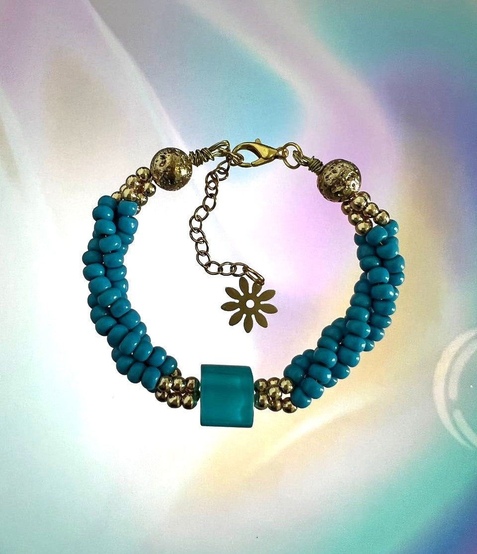 "Azure Oasis" – Blue Beaded Bracelet & Earring Set with Gold Accents, One of a Kind