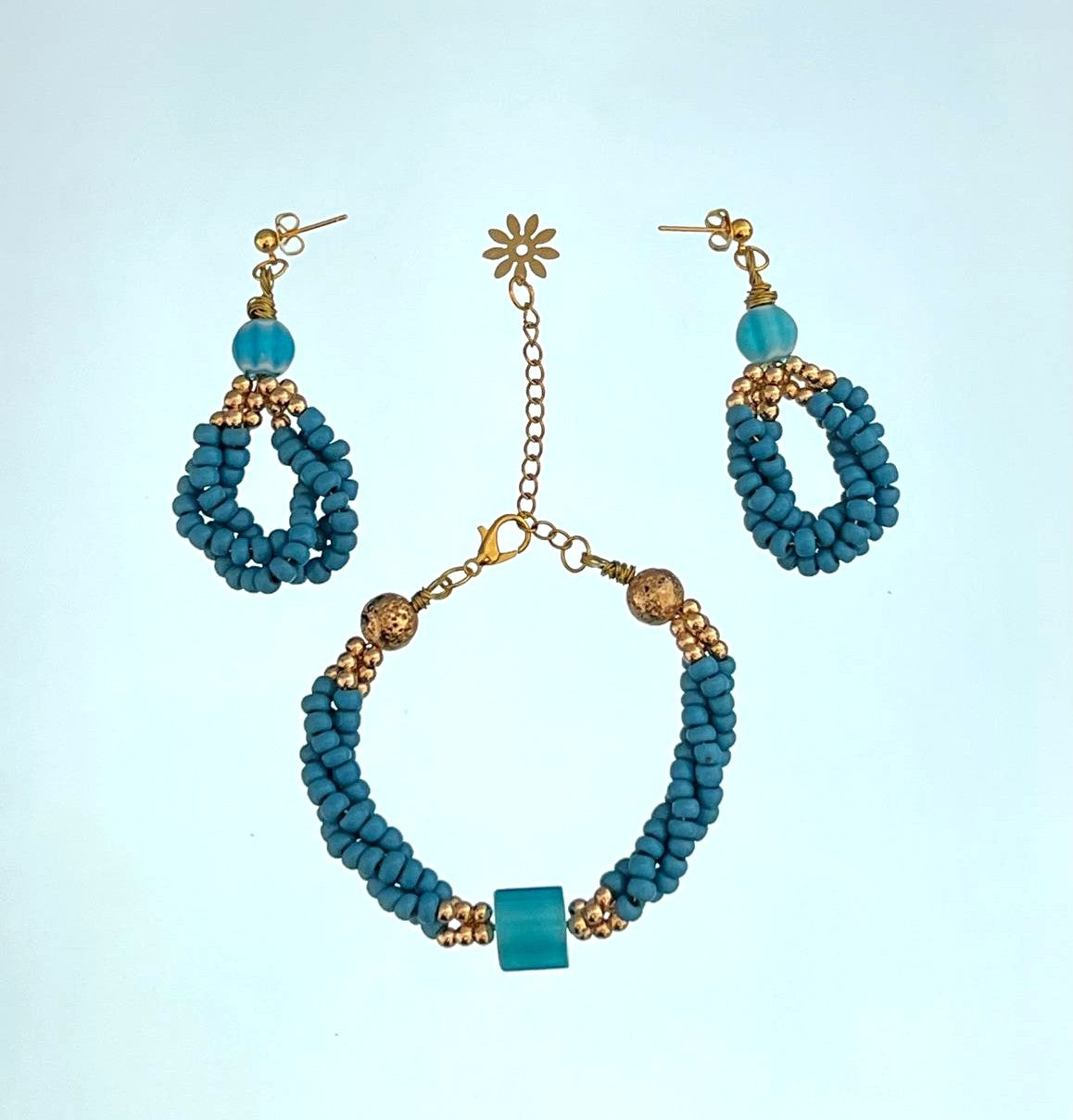 "Azure Oasis" – Blue Beaded Bracelet & Earring Set with Gold Accents, One of a Kind