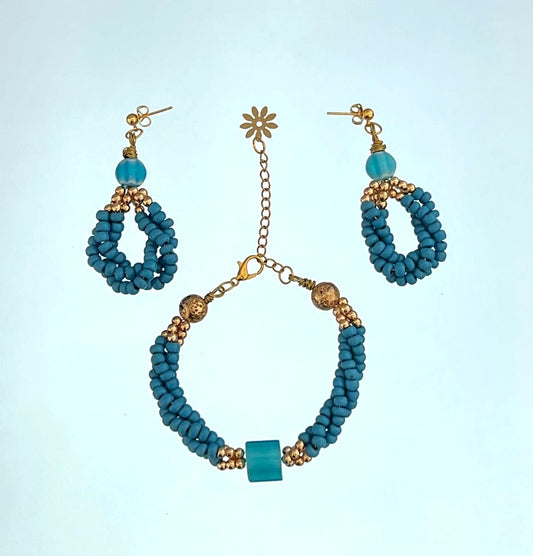 "Azure Oasis" – Blue Beaded Bracelet & Earring Set with Gold Accents, One of a Kind