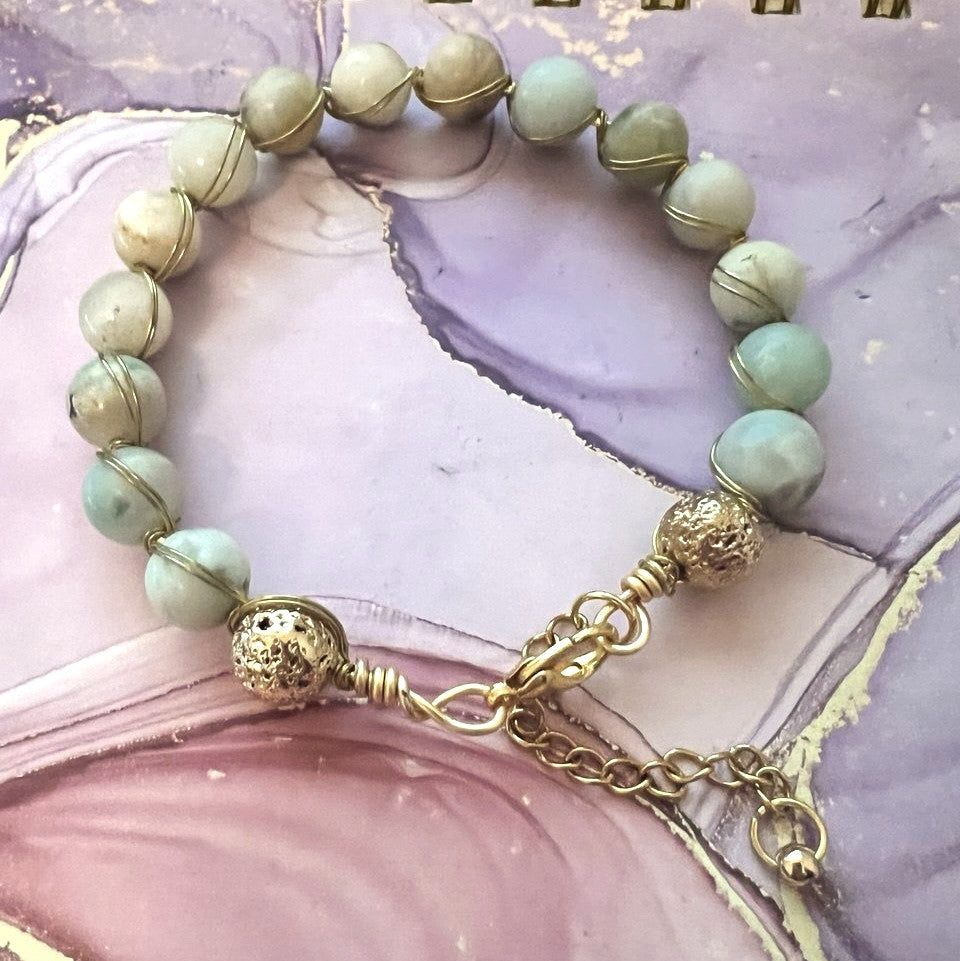 "Calm Currents" – Wire-Wrapped Amazonite Bracelet with Gold Accents