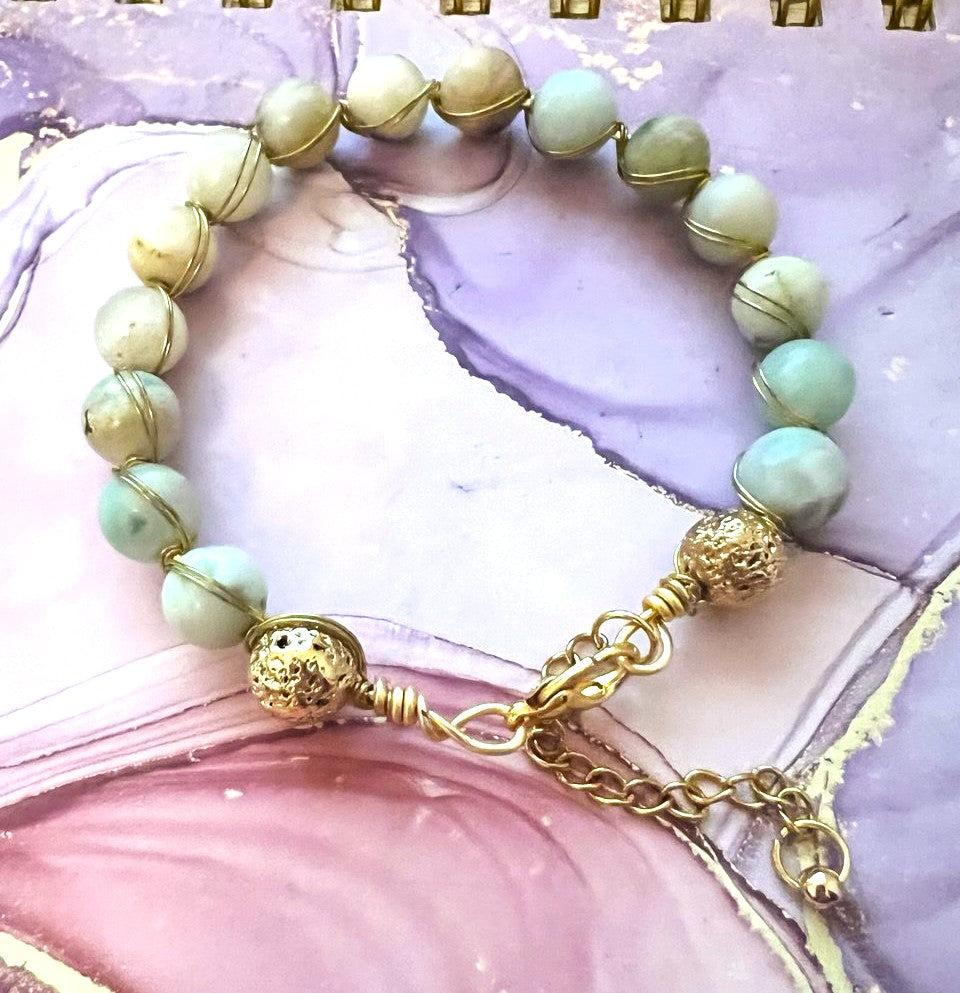 "Calm Currents" – Wire-Wrapped Amazonite Bracelet with Gold Accents