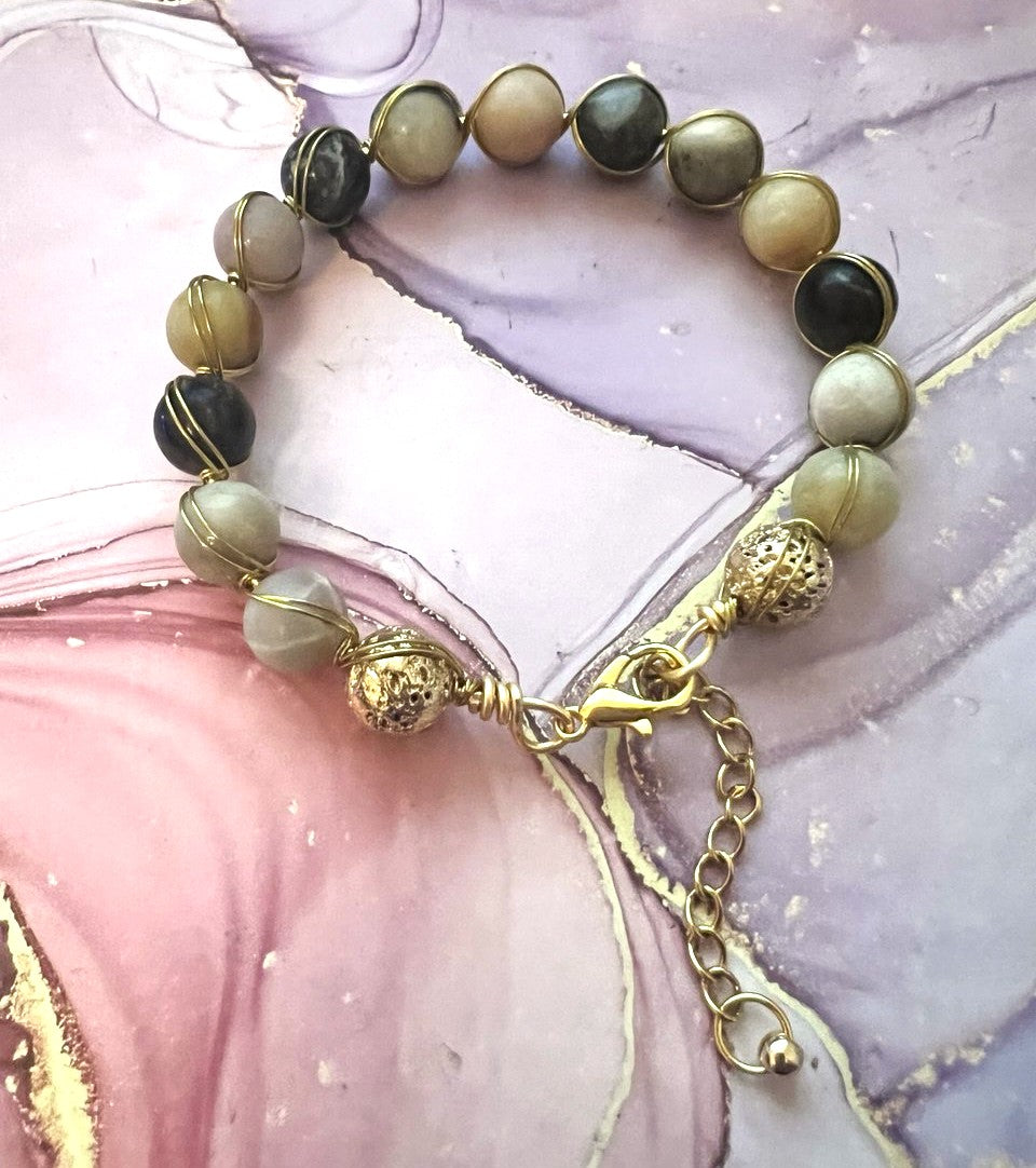 "Calm Currents" – Wire-Wrapped Amazonite Bracelet with Gold Accents