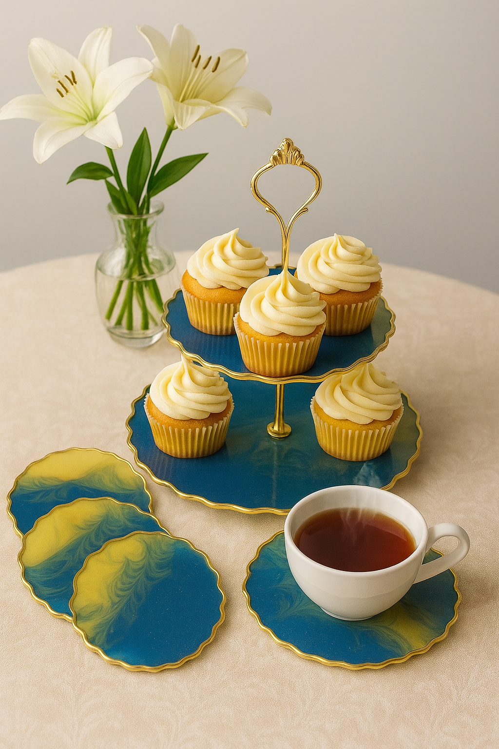 Handmade cupcake holder and coasters set