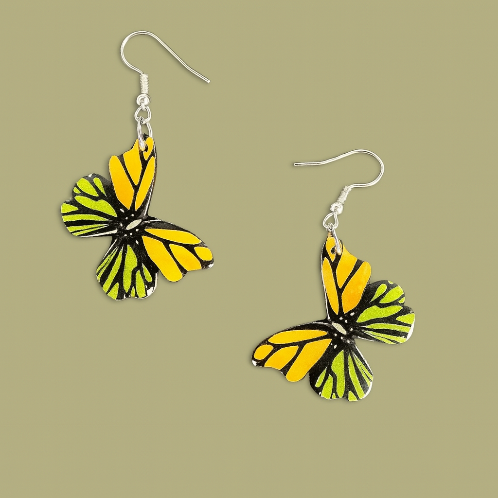 Handcrafted Green & Yellow Butterfly Earrings, Silver
