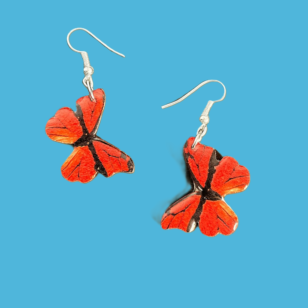 Handcrafted Red Butterfly Earrings, Silver