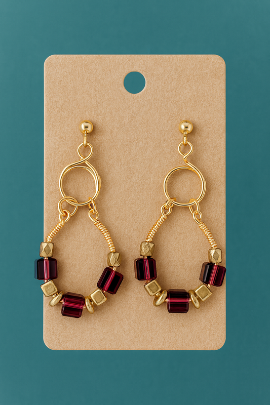 Golden Garnet Glass Loop Earrings, One of a kind