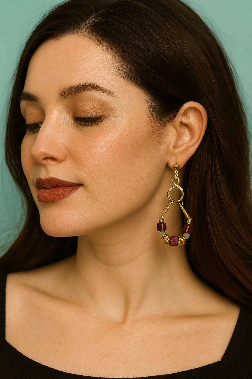 Golden Garnet Glass Loop Earrings, One of a kind