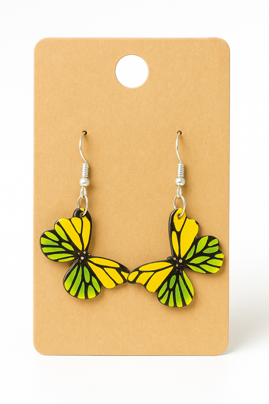 Handcrafted Green & Yellow Butterfly Earrings, Silver