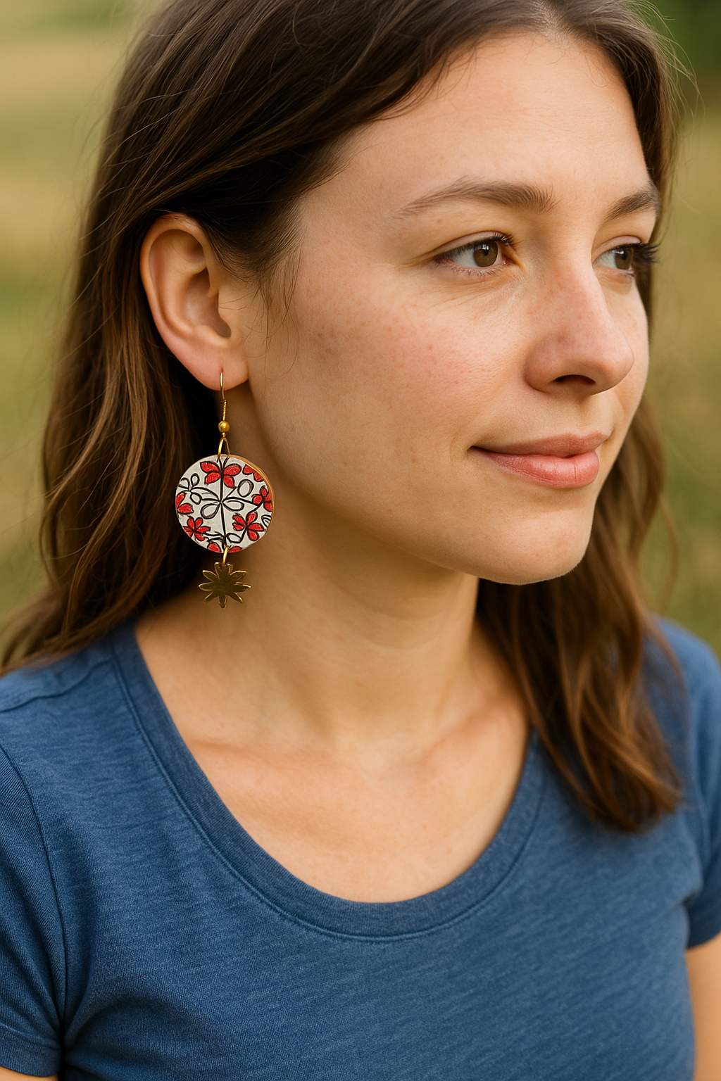 Handcrafted Red Floral Button Earrings with Golden dangle