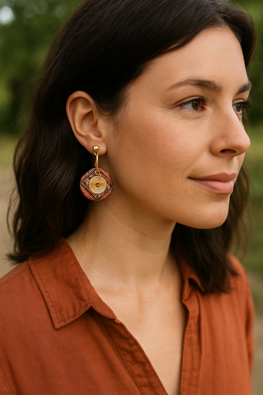 Handcrafted Tribal Pattern Button Earrings with Golden Spiral dangle