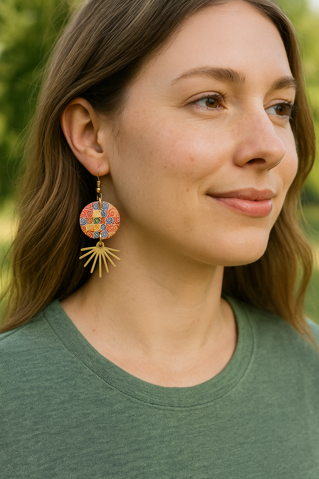 Handcrafted Geometric Swirl Button Earrings with Golden dangle
