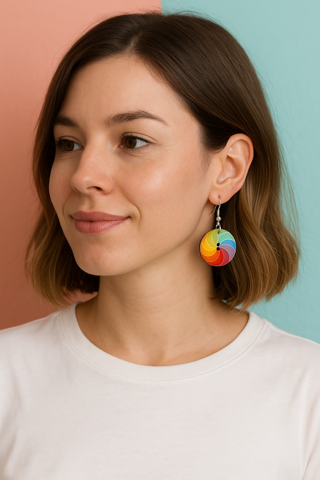 Handcrafted Rainbow Button Earrings, silver