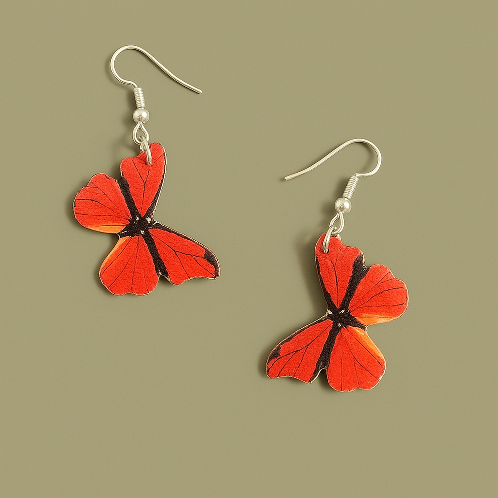 Handcrafted Red Butterfly Earrings, Silver