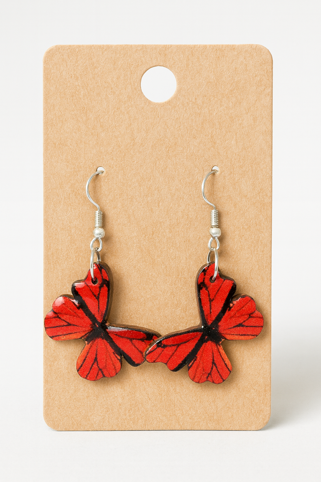 Handcrafted Red Butterfly Earrings, Silver