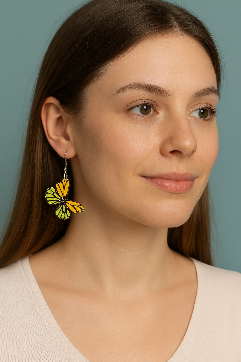 Handcrafted Green & Yellow Butterfly Earrings, Silver