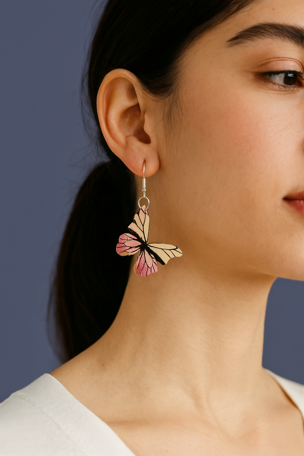 Handcrafted Pink Butterfly Earrings, Silver