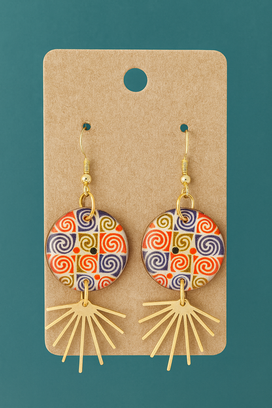Handcrafted Geometric Swirl Button Earrings with Golden dangle