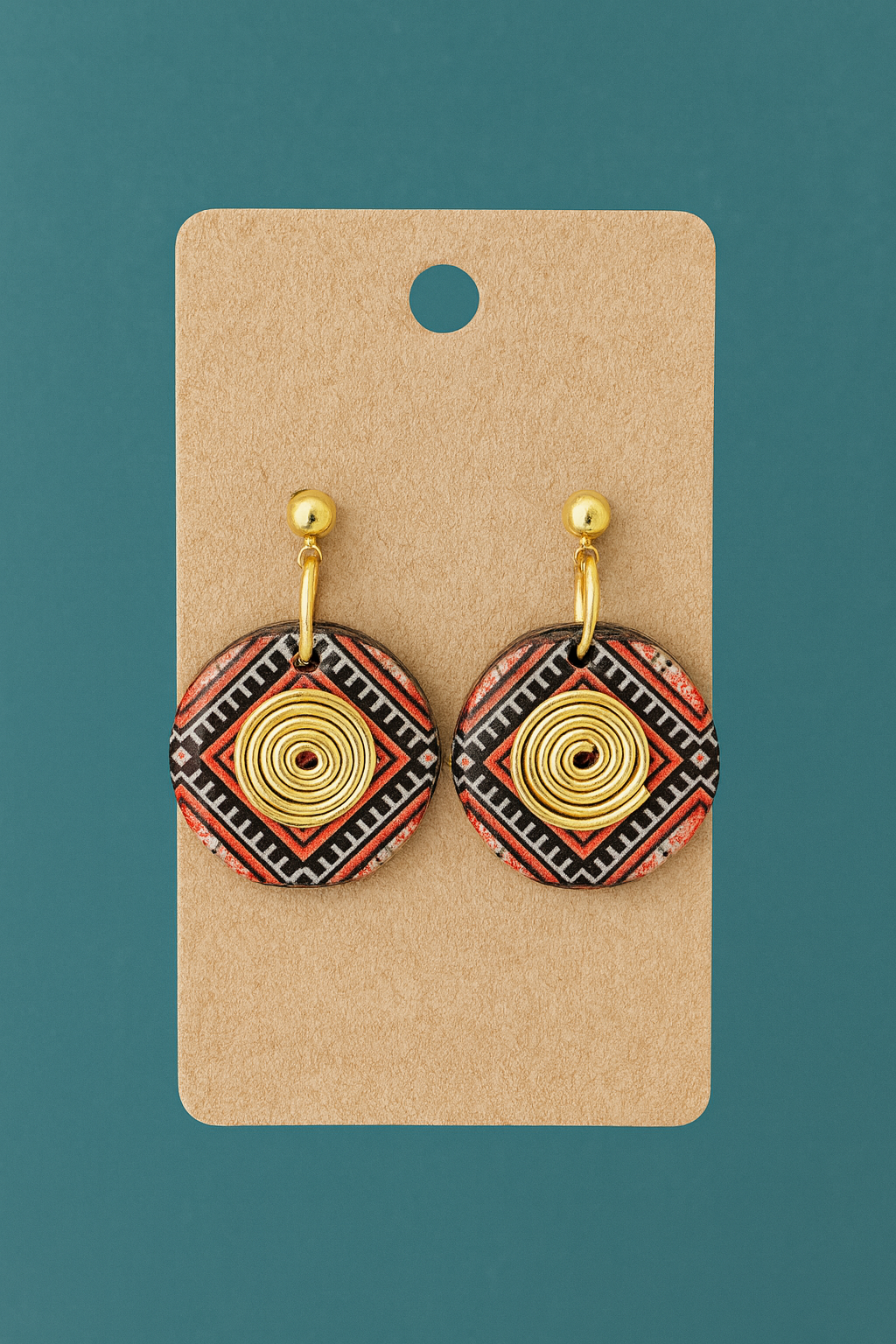 Handcrafted Tribal Pattern Button Earrings with Golden Spiral dangle
