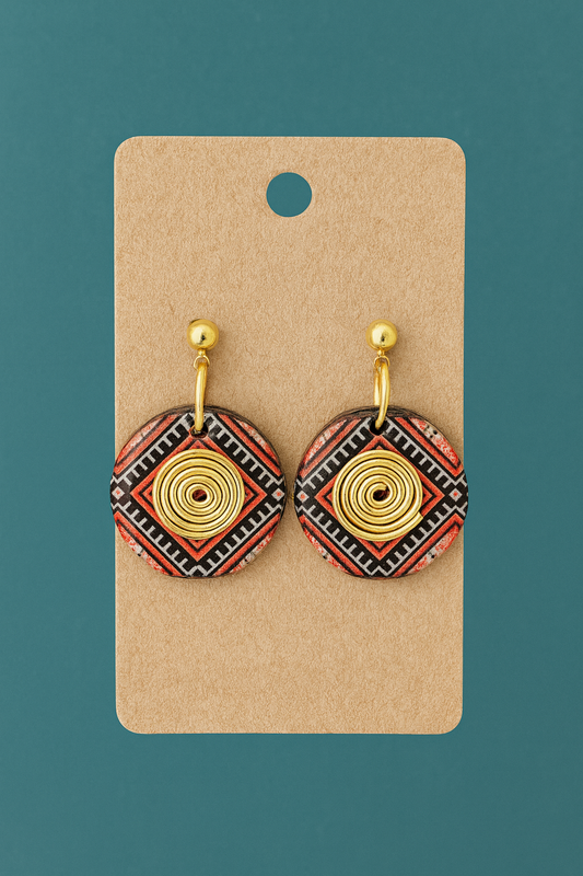 Handcrafted Tribal Pattern Button Earrings with Golden Spiral dangle