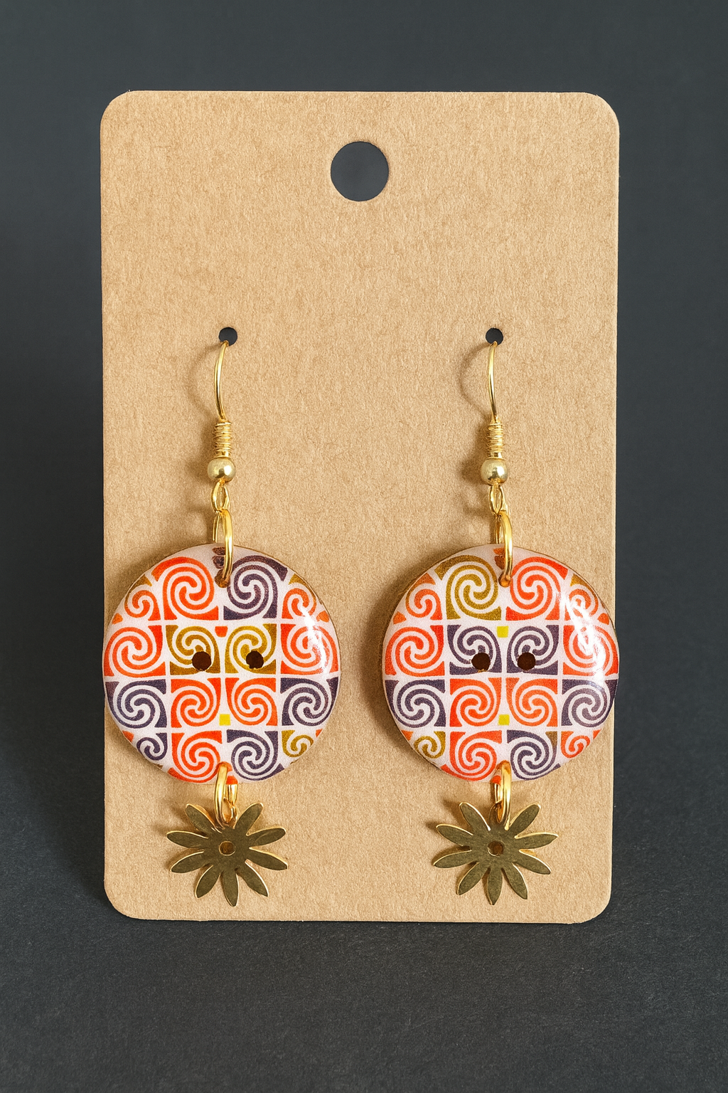 Handcrafted Swirl Button Earrings  with Golden dangle