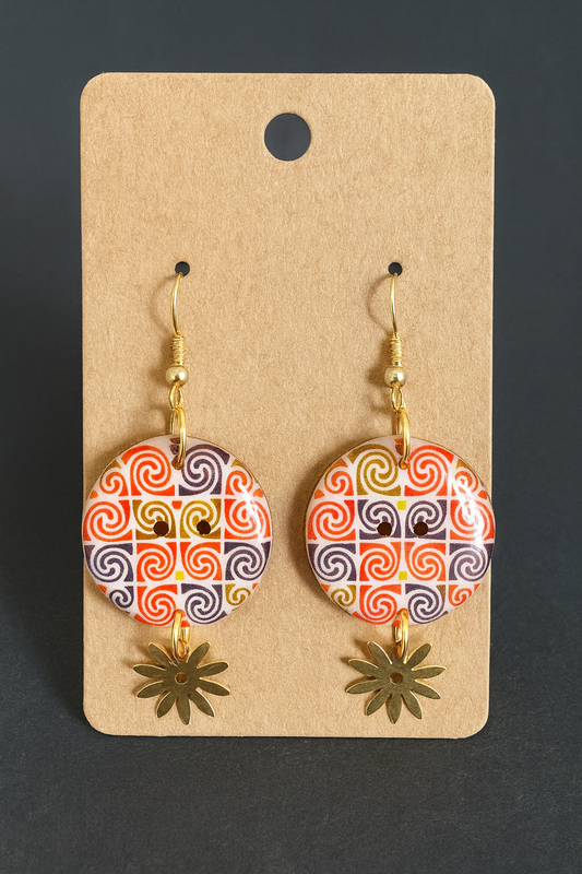 Handcrafted Swirl Button Earrings  with Golden dangle