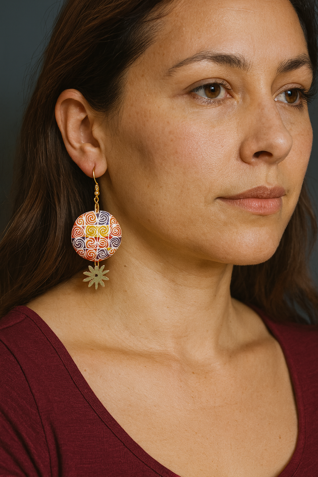 Handcrafted Swirl Button Earrings  with Golden dangle