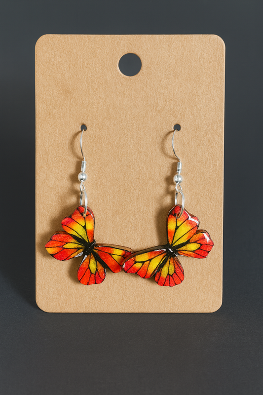 Handcrafted Orange & Yellow Butterfly Earrings, Silver