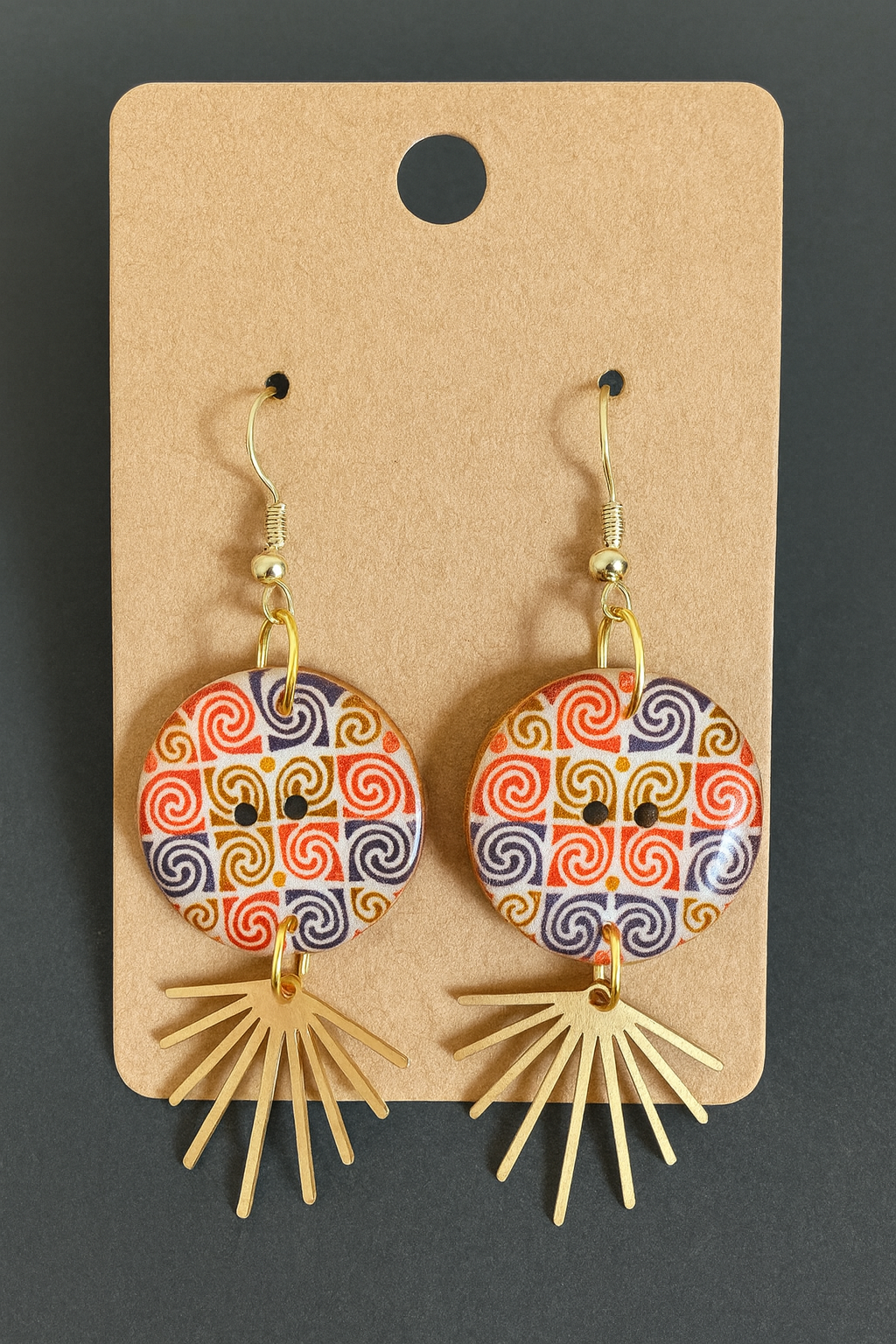 Handcrafted Geometric Swirl Button Earrings with Golden dangle