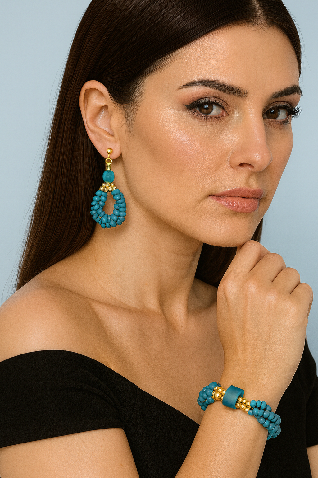 "Azure Oasis" – Blue Beaded Bracelet & Earring Set with Gold Accents, One of a Kind