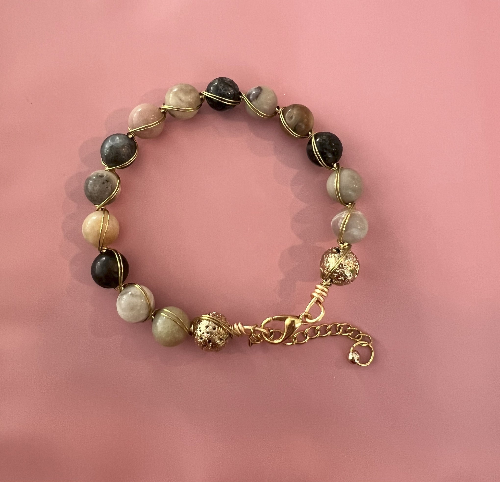 "Calm Currents" – Wire-Wrapped Amazonite Bracelet with Gold Accents