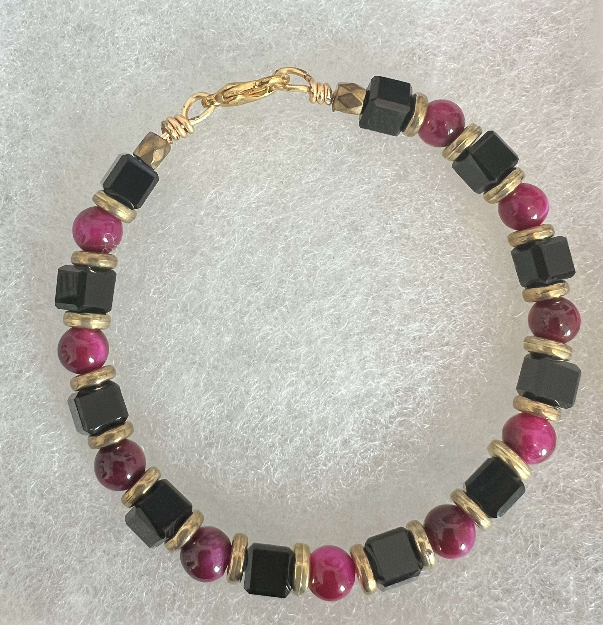 Desert Night – Red Tiger Eye & Black Glass Beaded Bracelet with Brass Accents