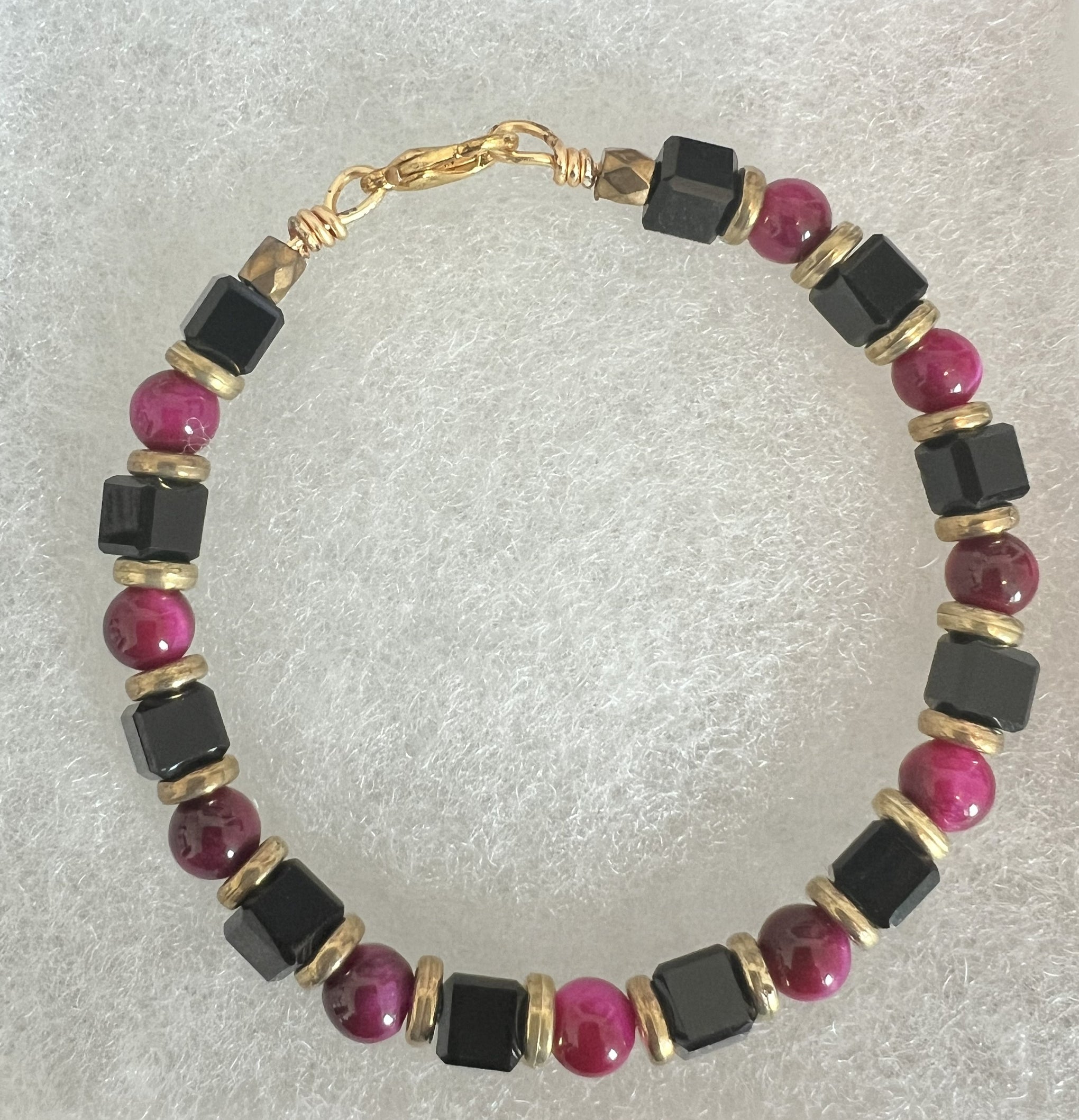 Desert Night – Red Tiger Eye & Black Glass Beaded Bracelet with Brass Accents