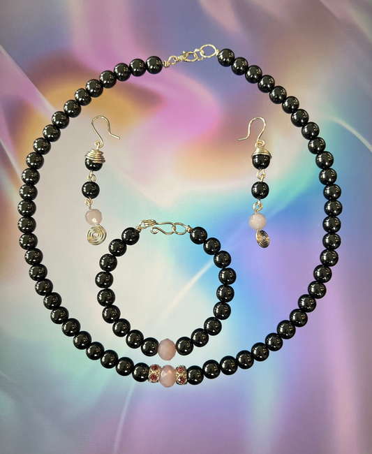 Mystic Balance Set – Hematite & Pink Crystal (Necklace, Bracelet & Earrings)